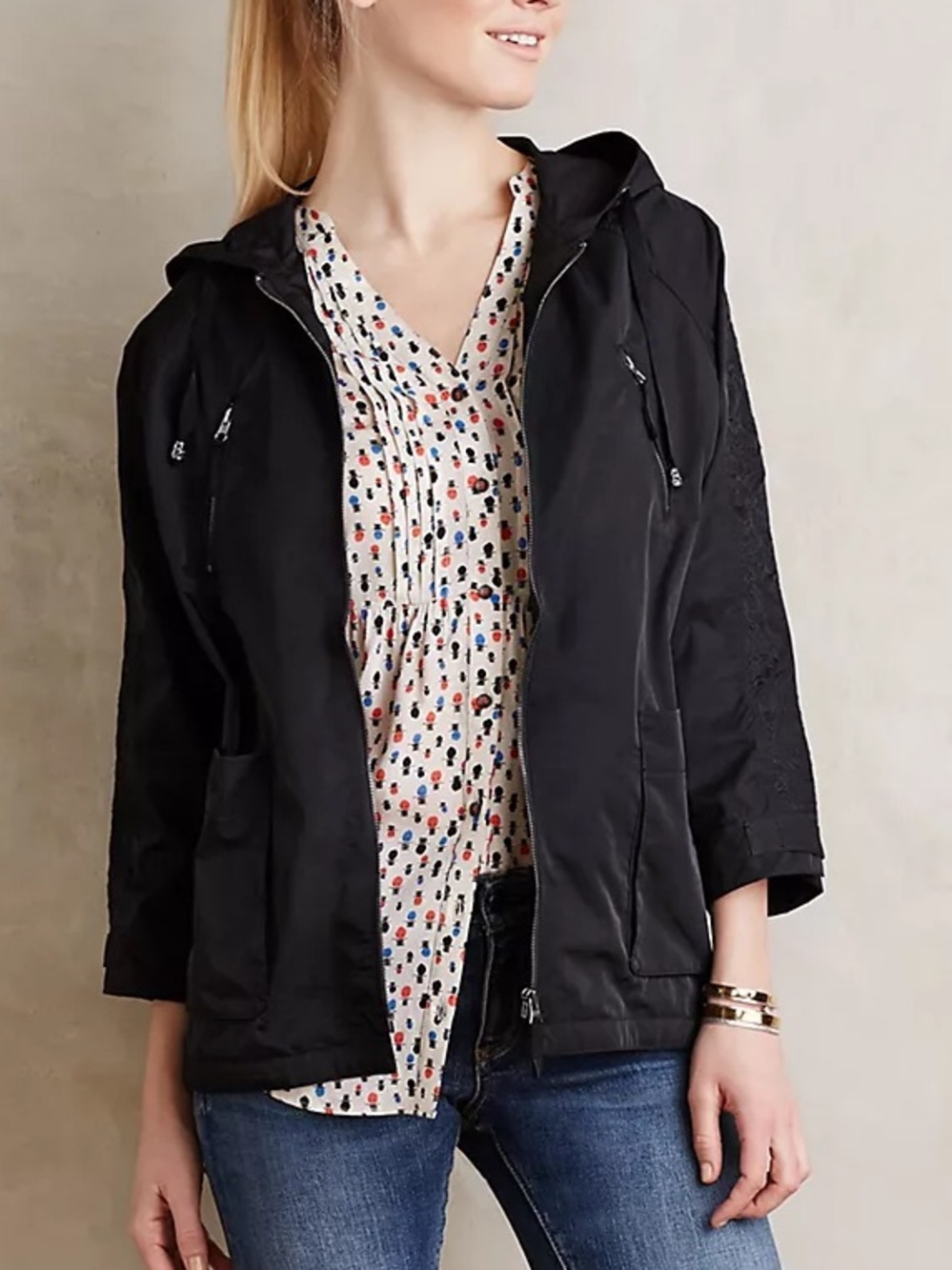 Anthropologie Hei Hei Hooded Uptown Rain Jacket Windbreaker Embroidered XS/S